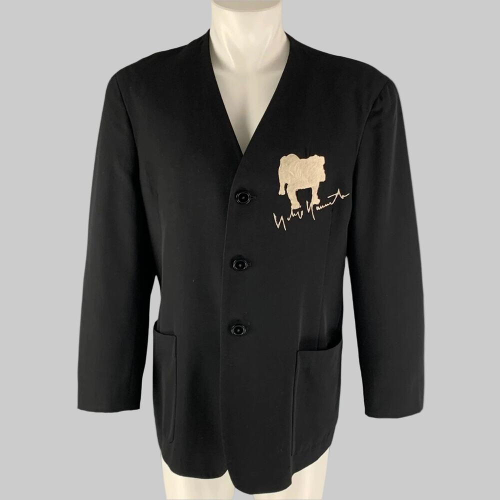 YOHJI YAMAMOTO HOMME Size S SS90 Black Dog Embroidery Wool Collarless Jacket